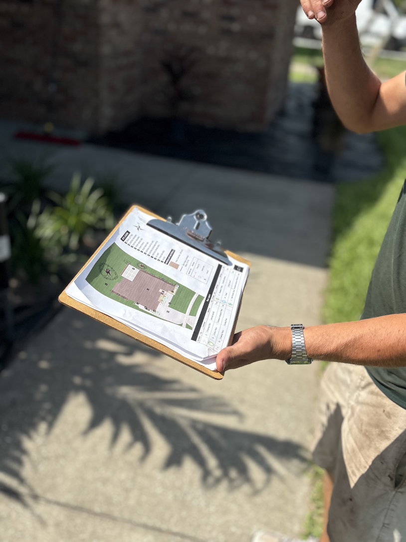 A detailed TSL landscape design plan being reviewed on site